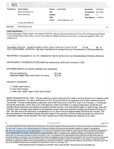 W260 ASTM E84 SGS|Fire Retardancy Test