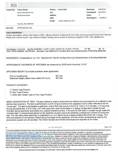 LF005 ASTM E84 SGS|Fire Retardancy Test