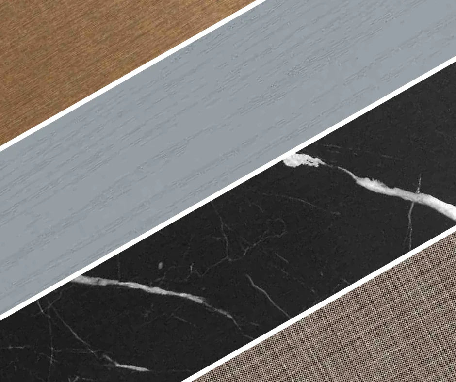 Close-up of four diagonal strips showing wood grain, blue painted wood, black marble, and brown textured fabric