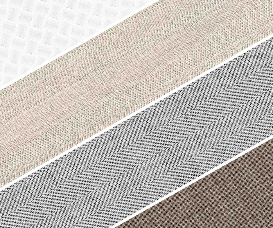 Close-up of four textured fabric samples in white, beige, gray herringbone, and brown linen patterns