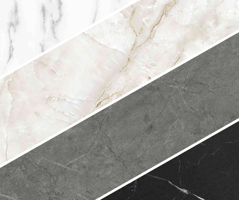 Four diagonal marble texture samples in white, beige, gray, and black with natural veins