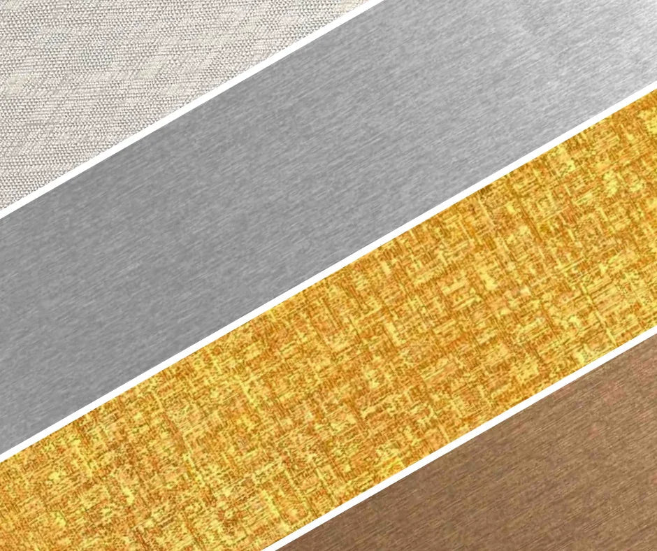 Four metal texture samples in silver, gray, gold, and bronze with brushed and patterned finishes
