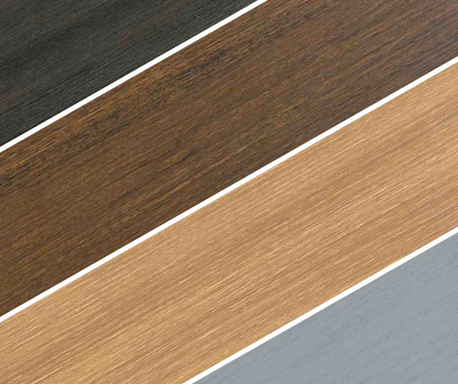 Diagonal wood planks in black, dark brown, light brown, and gray shades with natural grain texture
