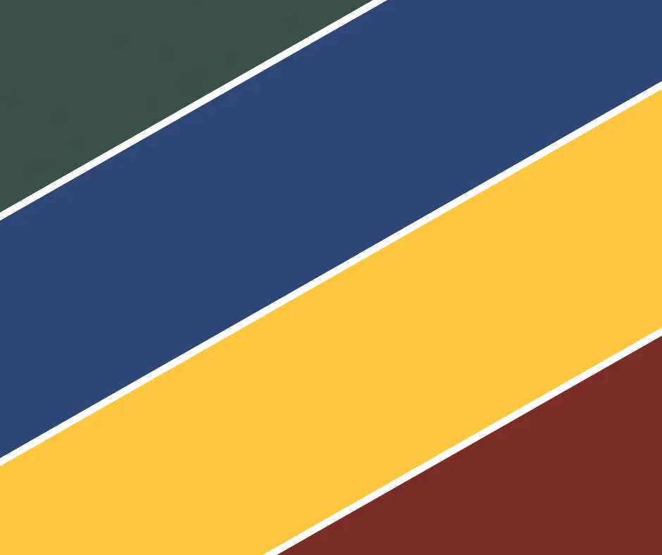 Diagonal stripes in dark green, navy blue, yellow, and maroon separated by thin white lines